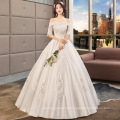 HQ190 Off Shoulder Designs Frocks for Bride Use Custom Make Pearls Floor Length Ball Gown Dress Puffy Satin Wedding Dress